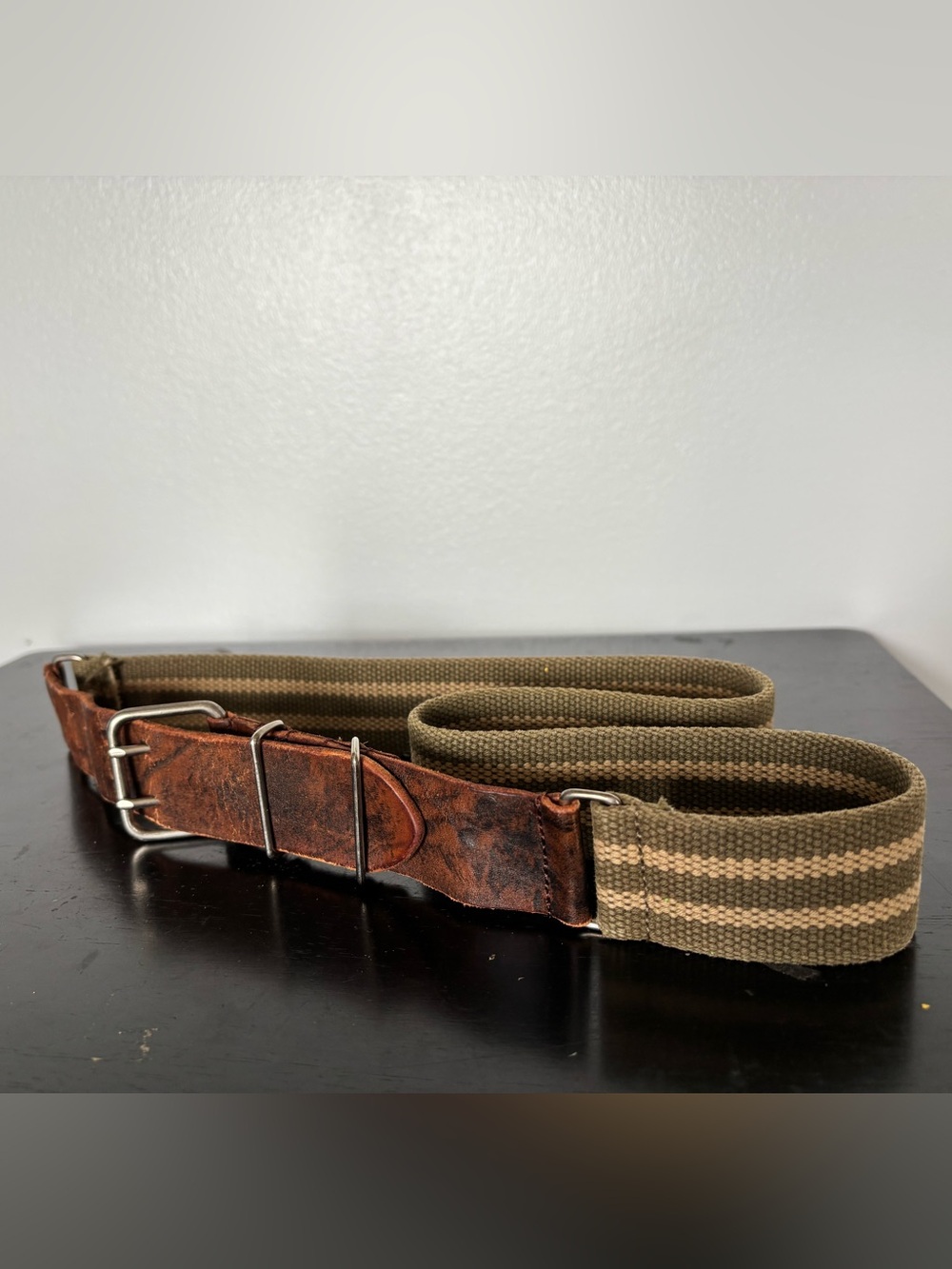 Green Tan Striped Canvas and Brown Leather Belt Size Medium 42” Military Style